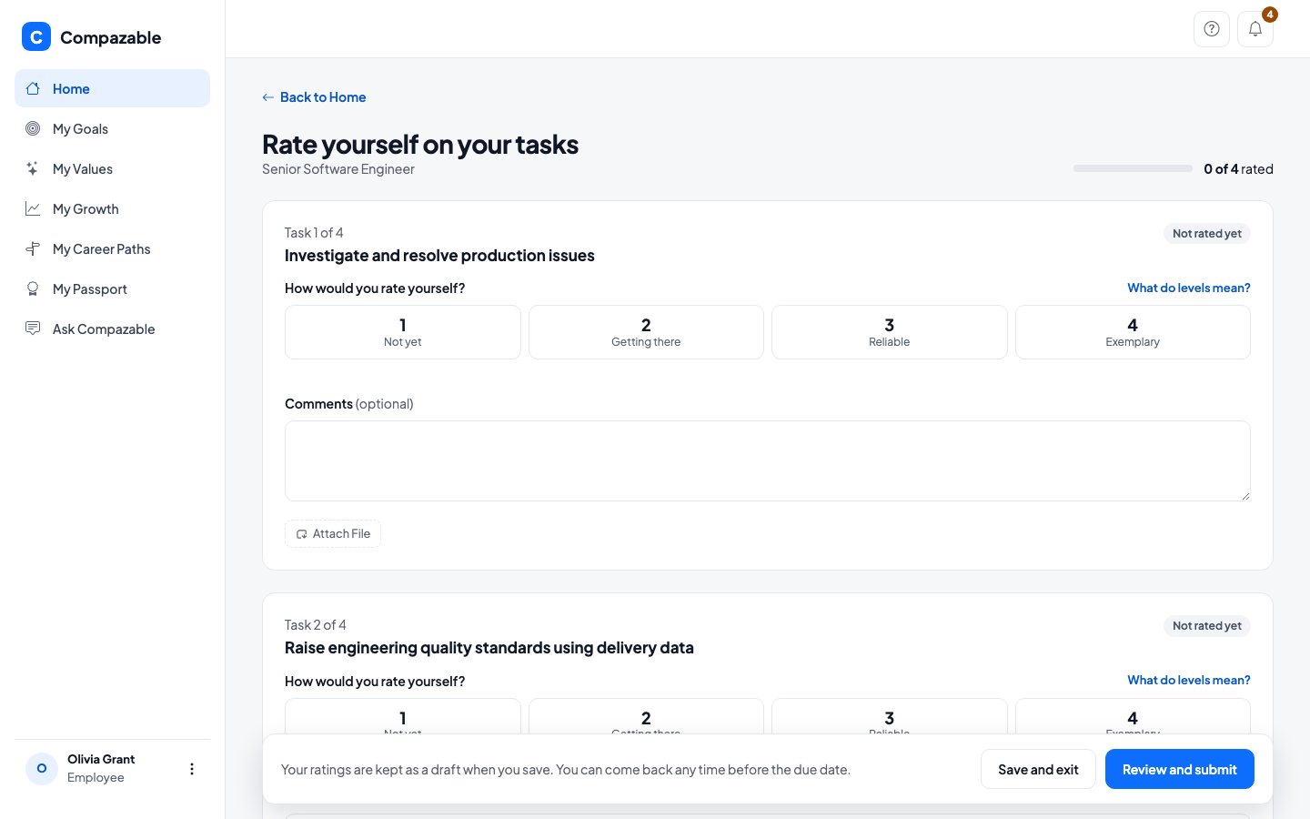 Self-evaluation screen asking the employee to rate themselves on a task from Not yet to Exemplary