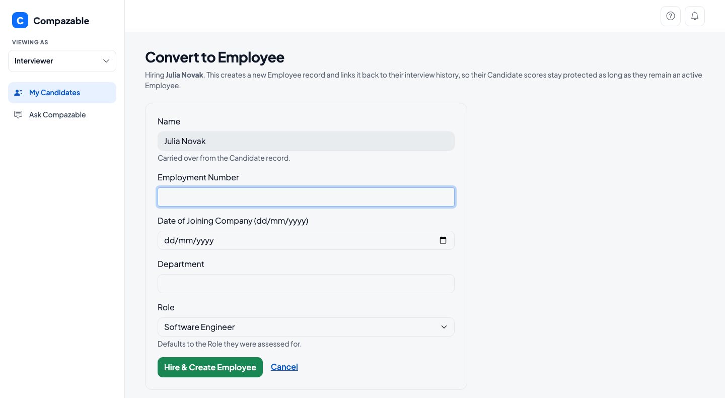 Convert to Employee form for Julia Novak with employment number, date of joining, department and role fields