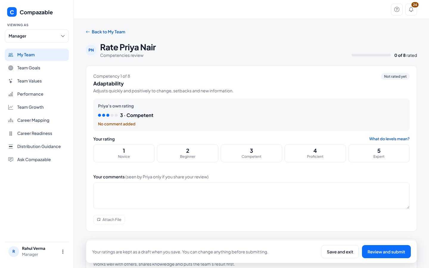 A manager's scoring screen for Adaptability with the employee's own rating, five rating buttons from Novice to Expert, and a comments box