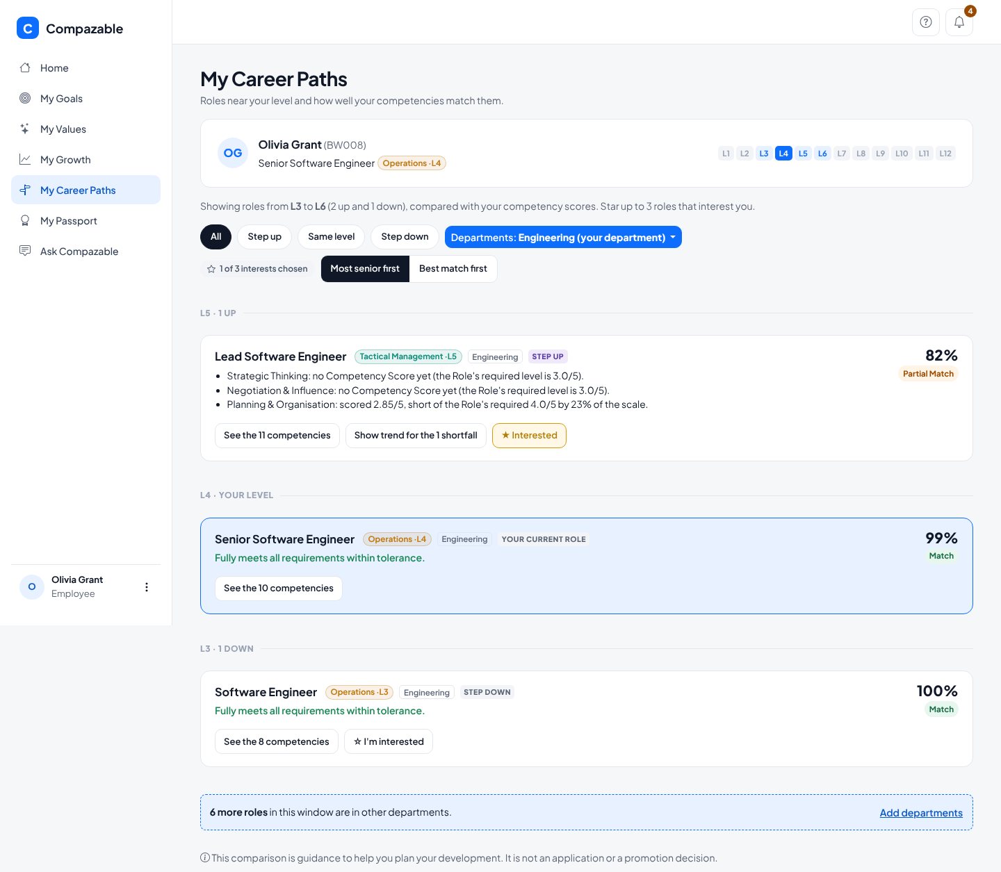 My Career Paths showing Roles in the employee's own department, one level up to one level down, with match percentages and the specific shortfalls