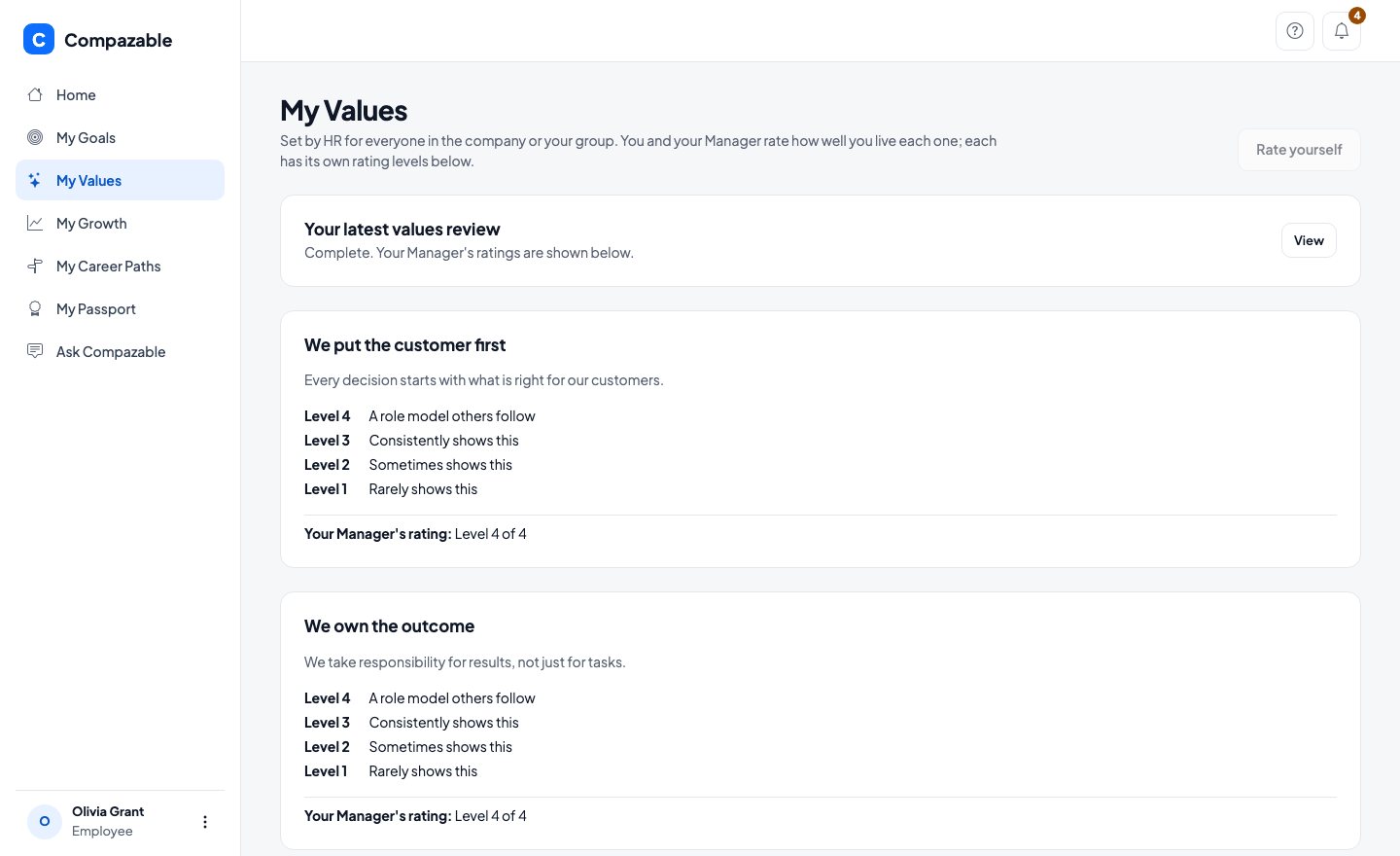 My Values screen with three company values, each with its levels and the manager's rating